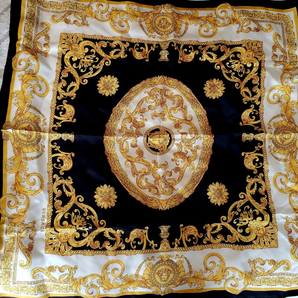 New Versace Baroque Silk Scarf - Black and Gold